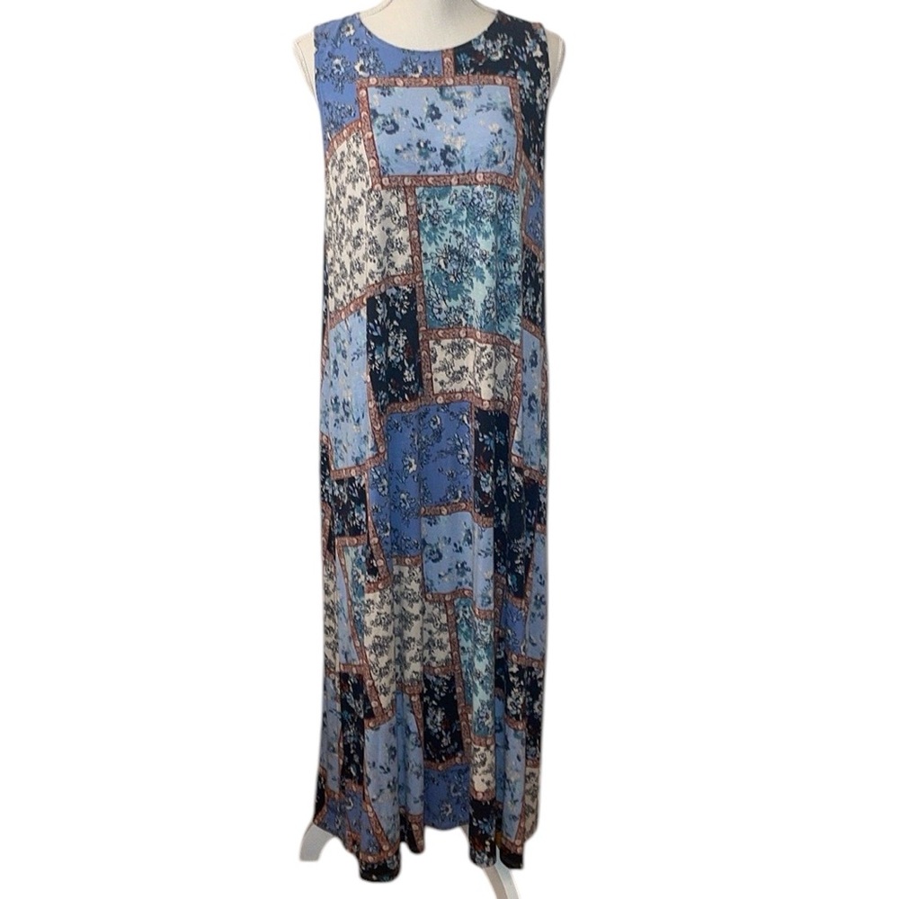 J Jill Blue Floral Patchwork Quilt Boho Jersey Knit Maxi Dress Size Large‎